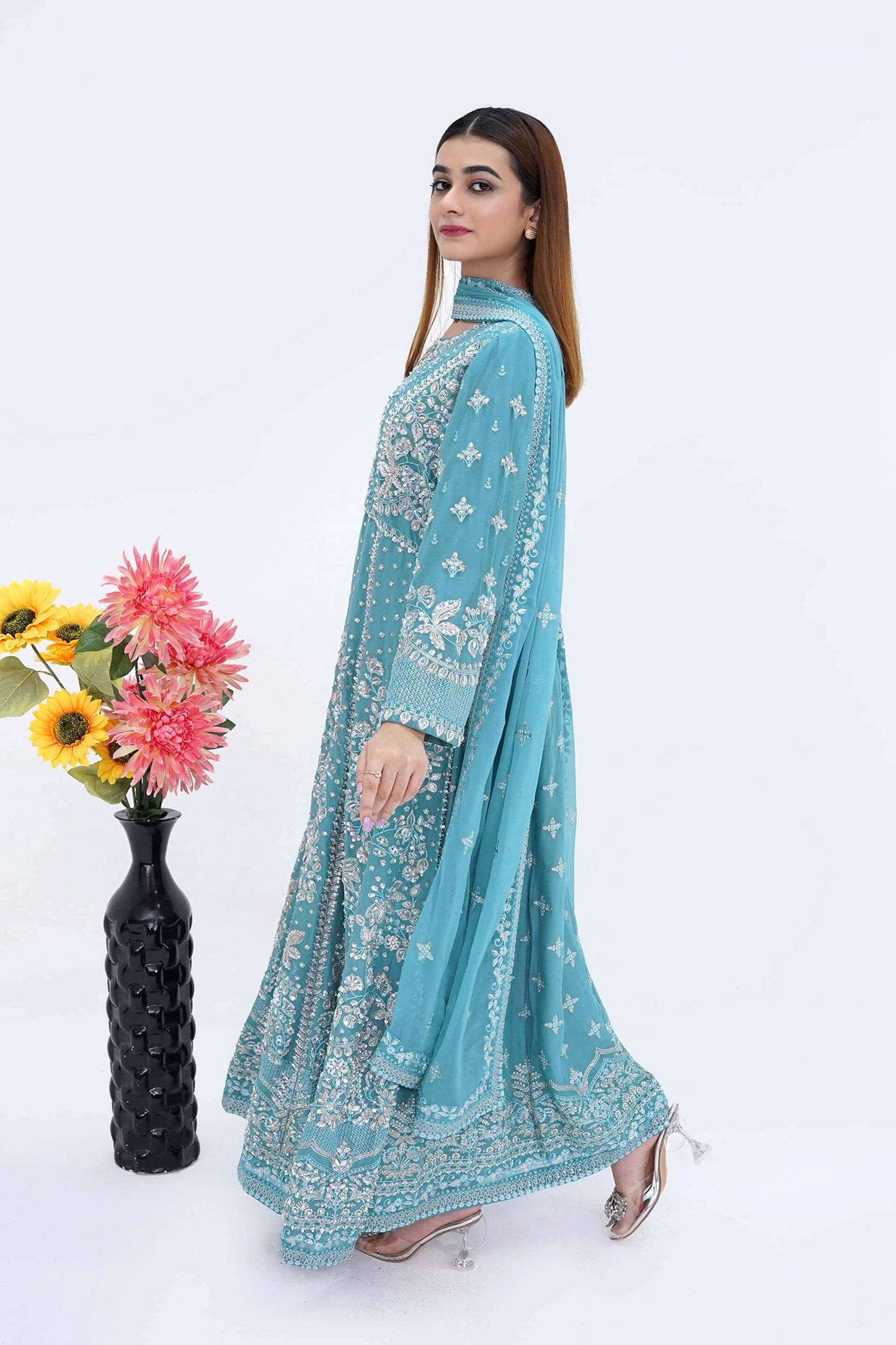 Sky Blue Bridesmaid Chiffon Maxi Dress with Handwork – Wedding Gown Side Picture
