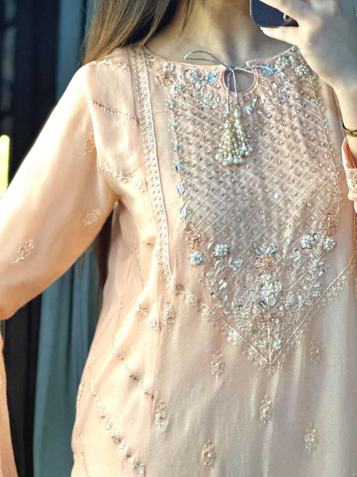 Women's Peach Chiffon Shalwar Kameez with Handwork close picture embroidery