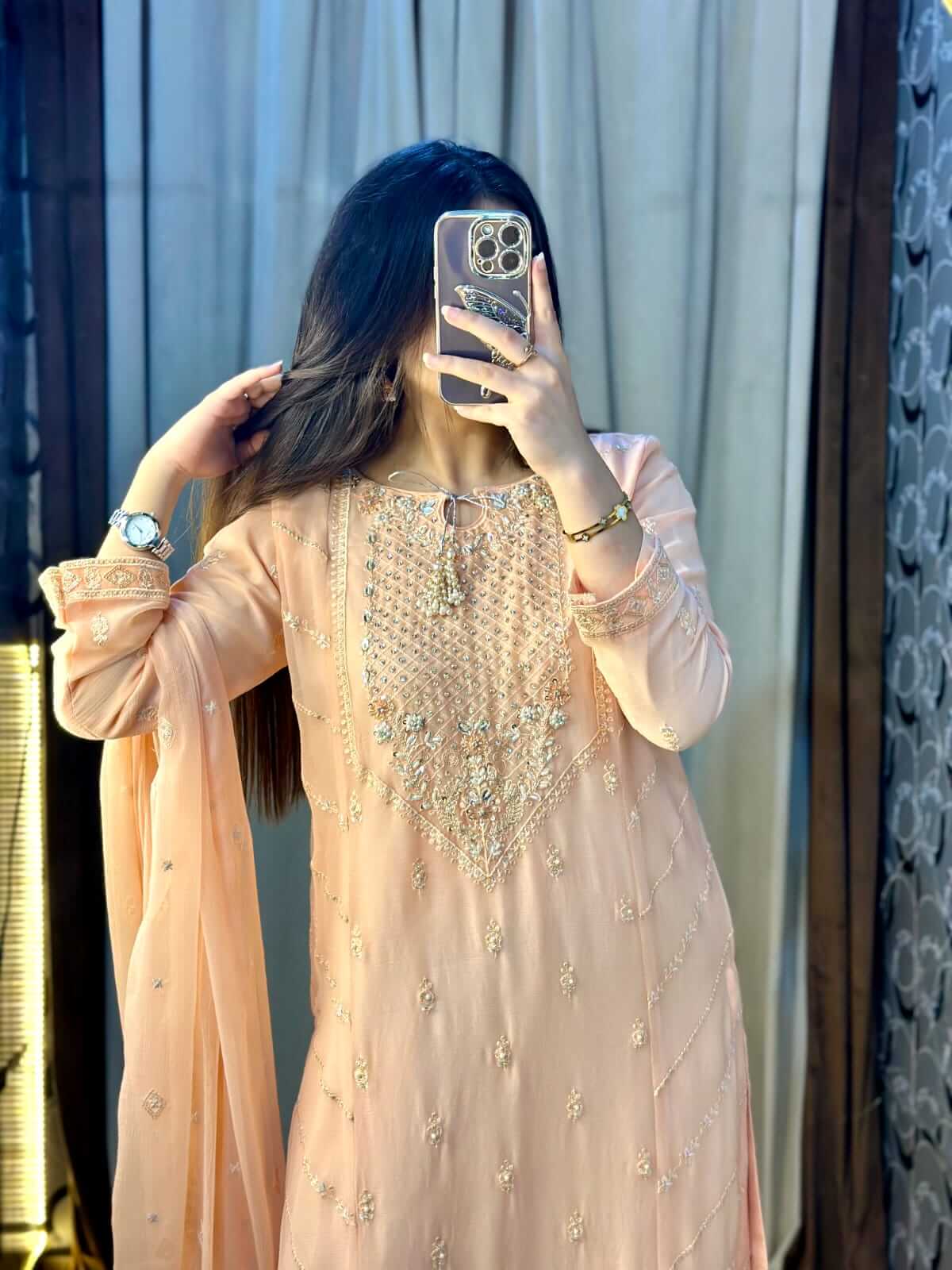 Women's Peach Chiffon Shalwar Kameez with Handwork close picture