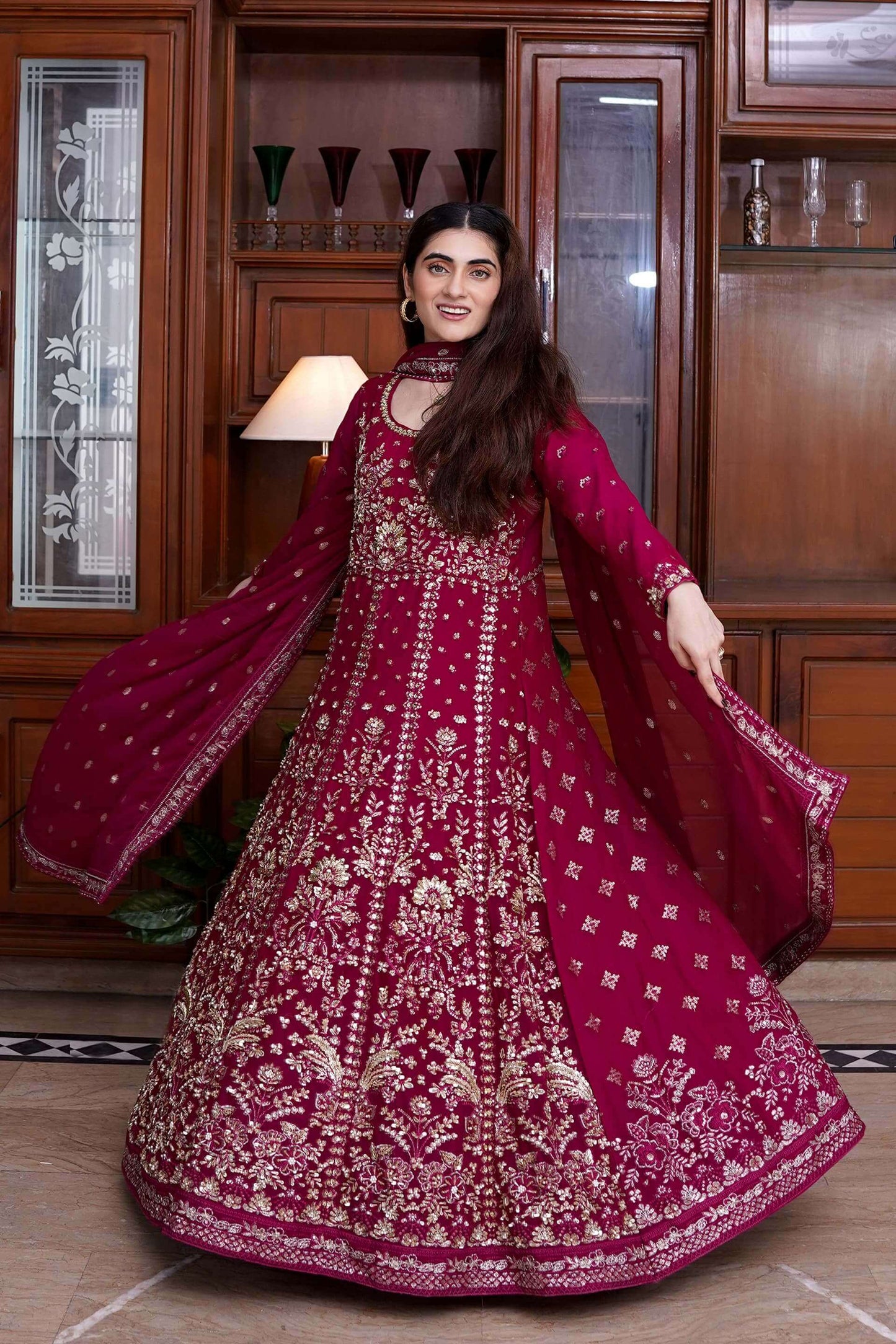 Magenta Chiffon Maxi Dress with Handwork Moving pic