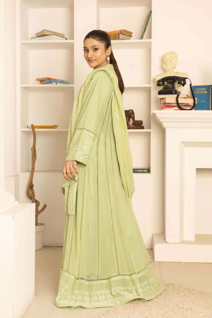 Back design of pista green chiffon sophisticated Anarkali suit in maxi style