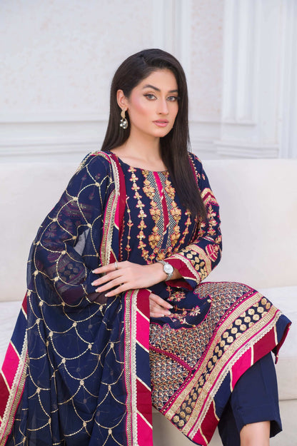 Blue Chiffon Shalwar Kameez with Multicolour Embroidery Sit Close Emb Picture