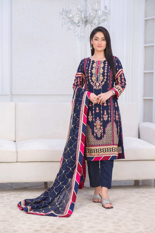 Blue Chiffon Shalwar Kameez with Multicolour Embroidery Front Picture