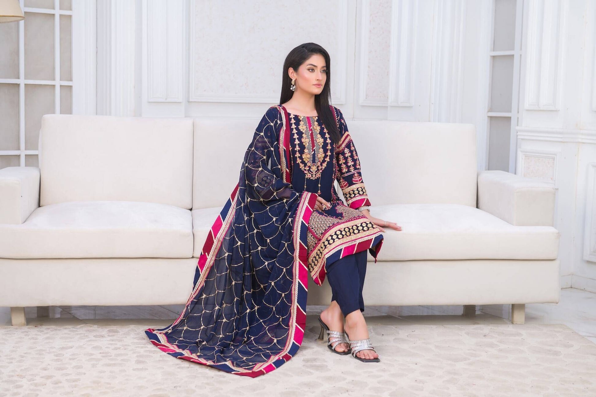 Blue Chiffon Shalwar Kameez with Multicolour Embroidery Sit Picture