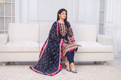Blue Chiffon Shalwar Kameez with Multicolour Embroidery Sit Picture