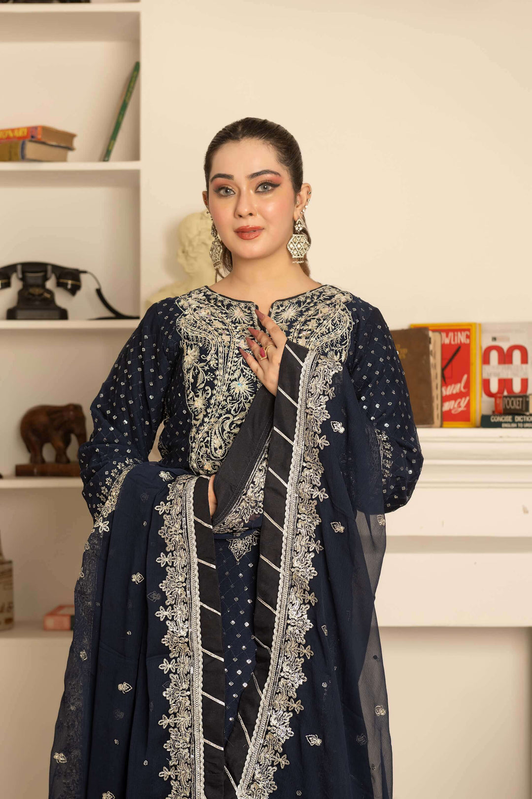 Handwork and embroidery detail on navy blue lehenga border and kameez Dupatta