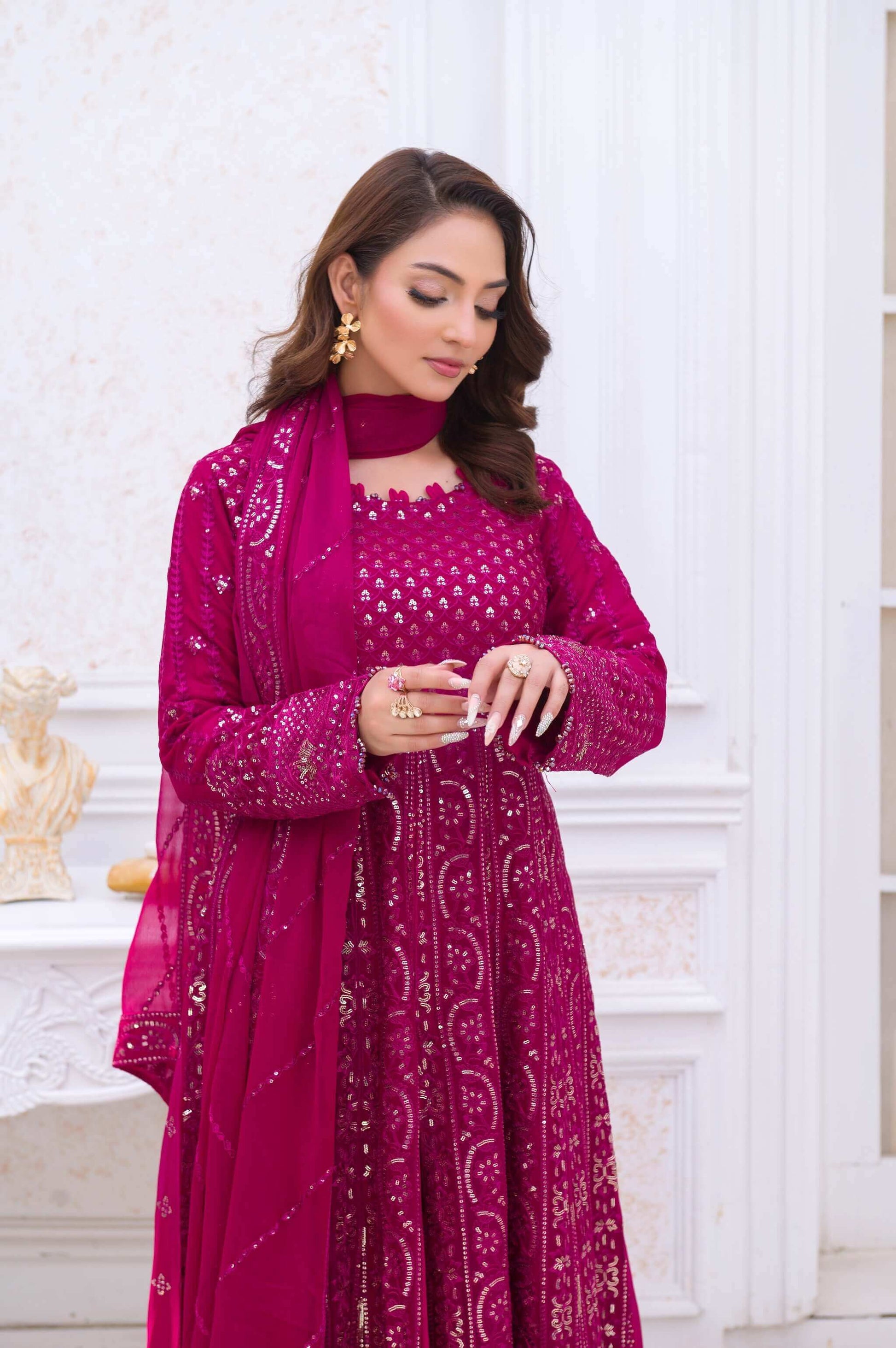 Magenta Wedding Lehenga Dress – Long Embroidered Party Wear Outfit with Dupatta close pose pic
