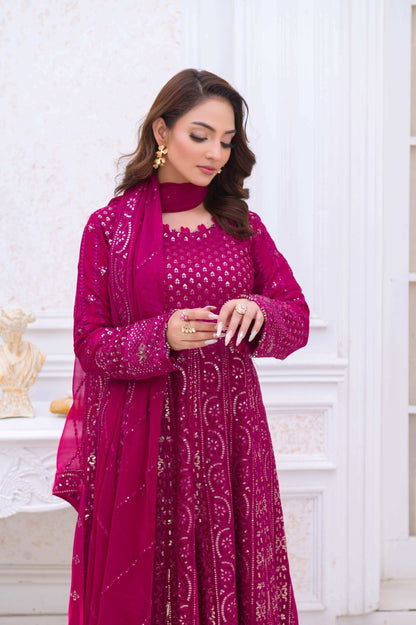 Magenta Wedding Lehenga Dress – Long Embroidered Party Wear Outfit with Dupatta close pose pic