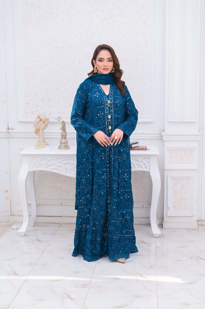 Peacock Blue Anarkali Front Open Gown Front Picture