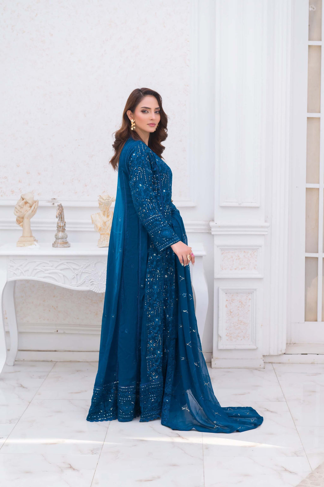 Peacock Blue Anarkali Front Open Gown Side Picture