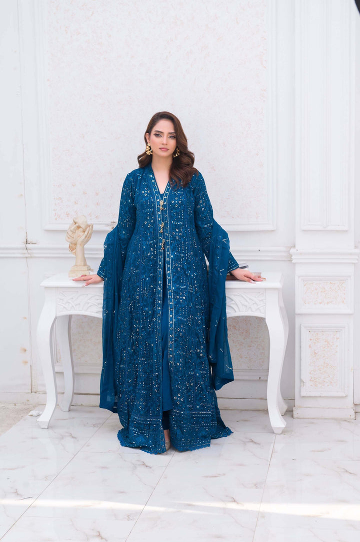 Peacock Blue Anarkali Front Open Gown Full Picture