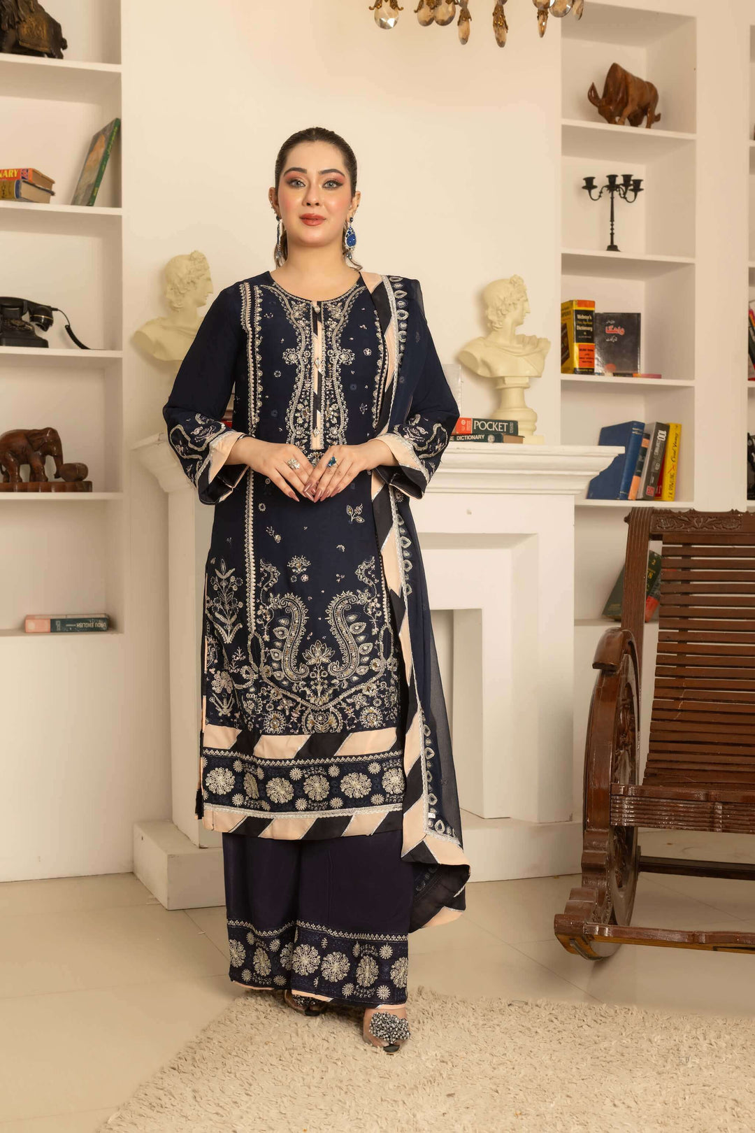 Front view of navy blue chiffon kameez with flapper-style palazzo trouser partywear suit