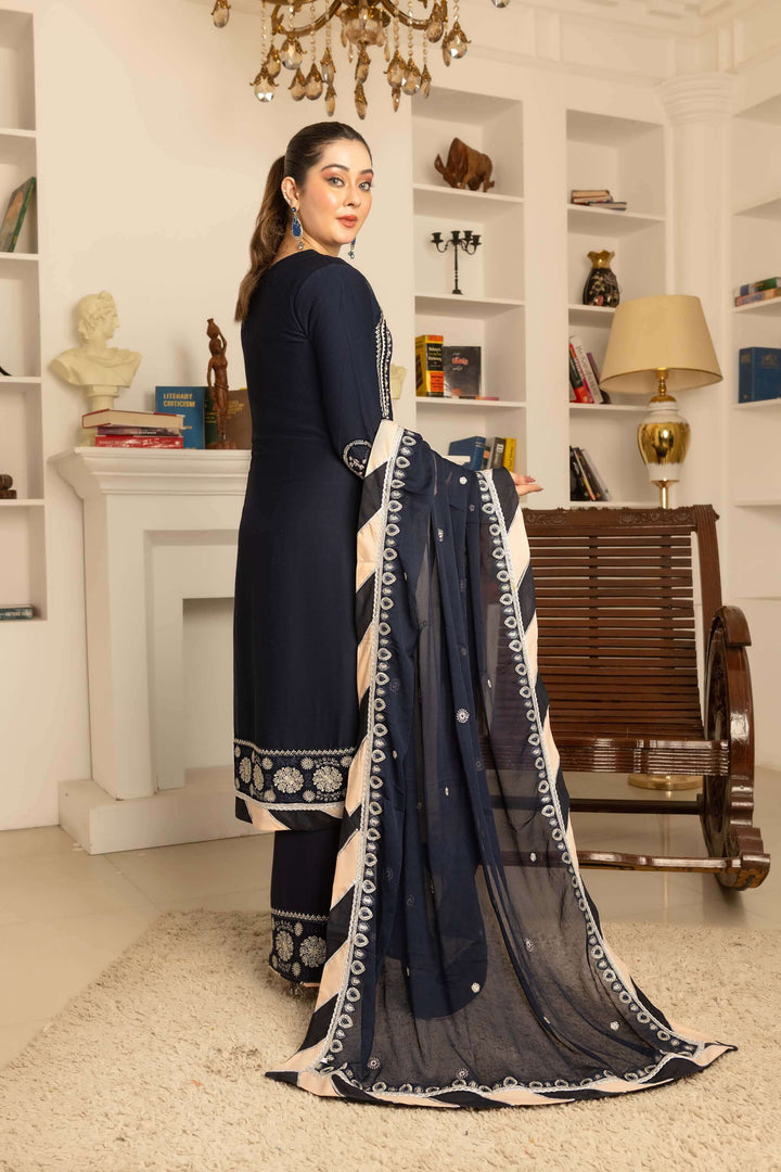 Back design of navy blue chiffon kameez with palazzo-inspired flapper trouser