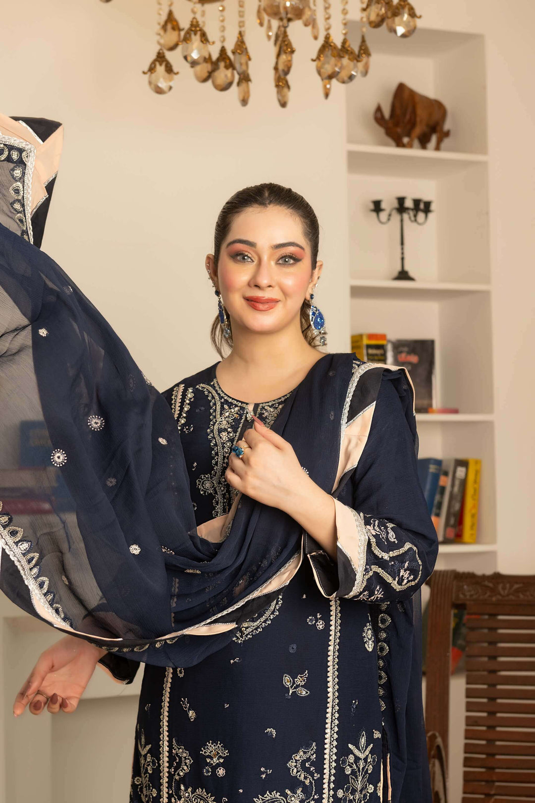 Detail of navy blue chiffon fabric and palazzo style flapper trouser with dupatta