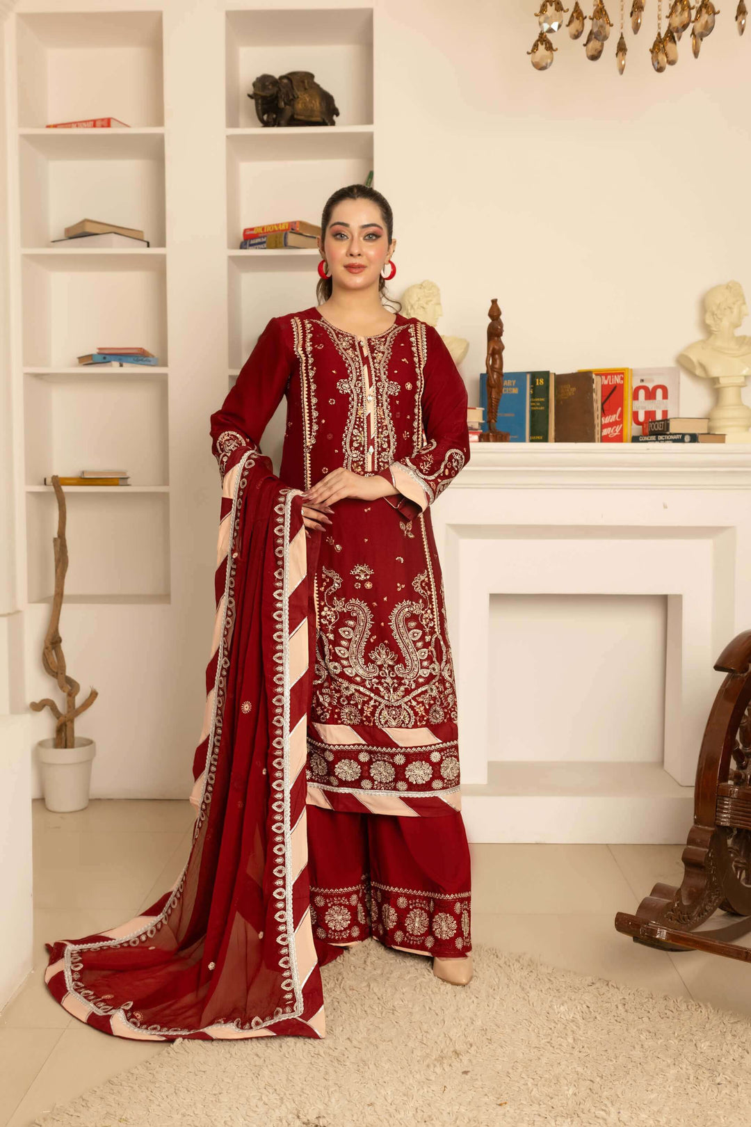 Front view of maroon chiffon kameez with flapper-style palazzo trouser partywear suit