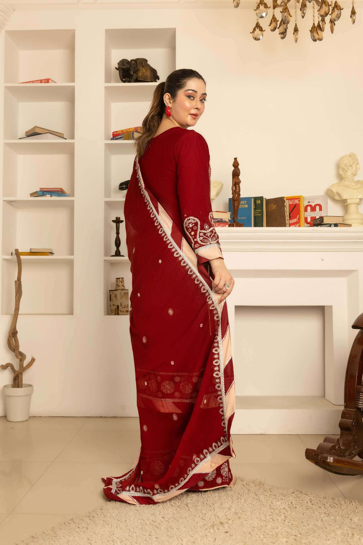 Back design of maroon chiffon kameez with flapper trouser palazzo style