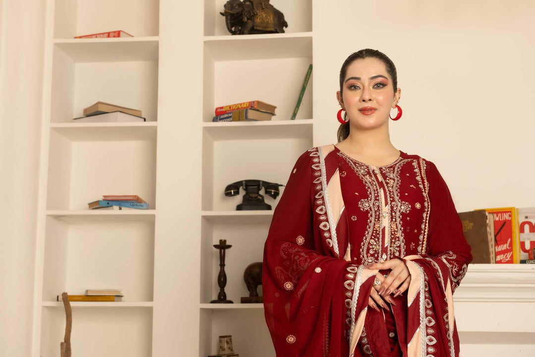 Fabric detail of maroon chiffon kameez with flapper-style palazzo trouser