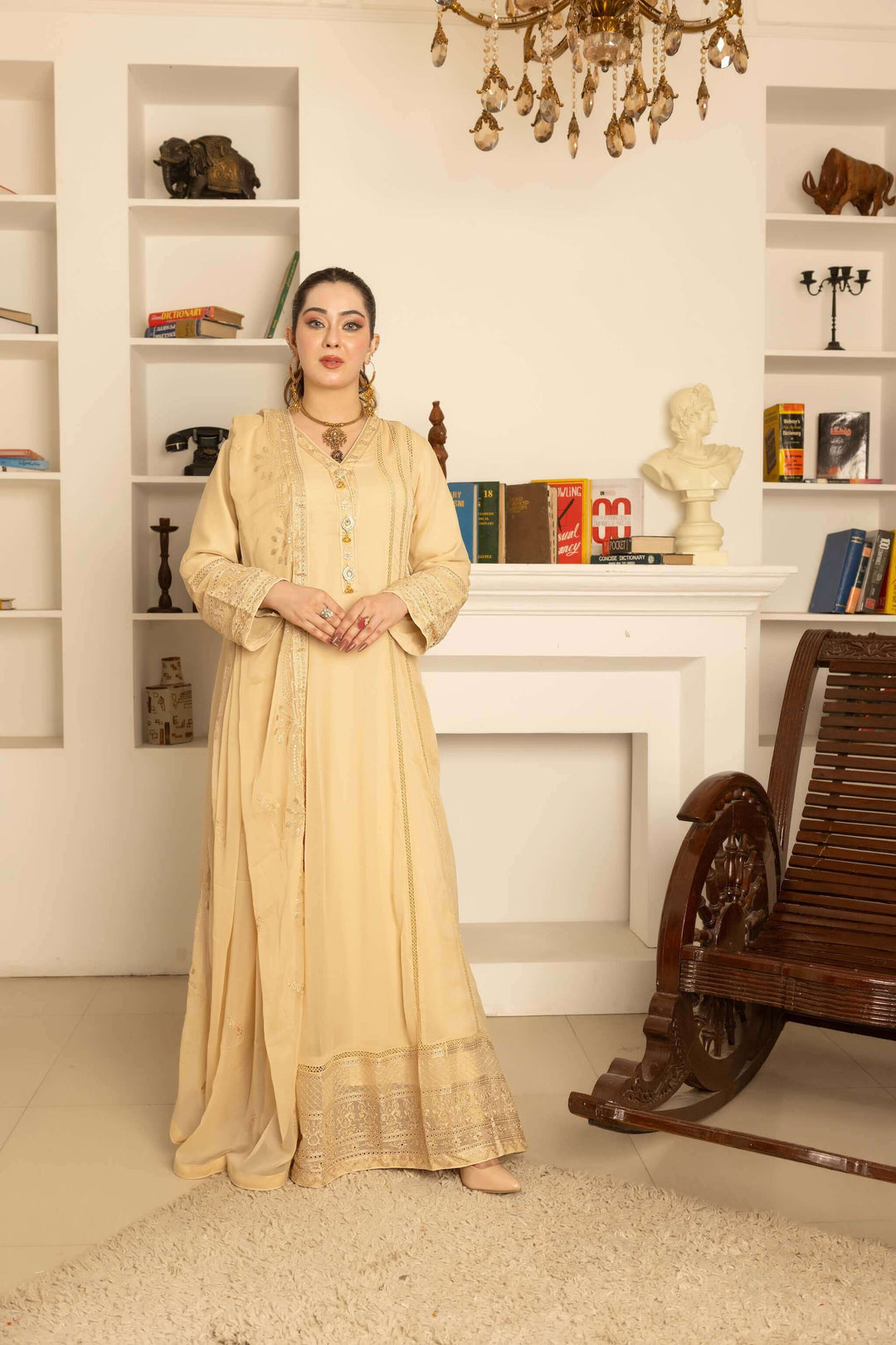 Front view of fawn chiffon Anarkali maxi dress simple sophisticated partywear