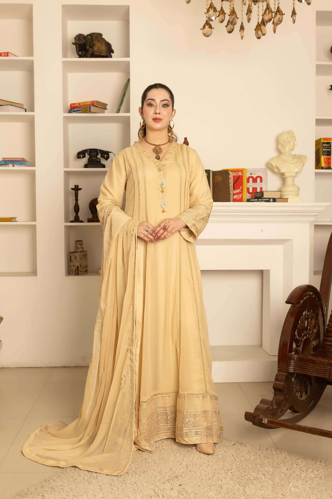 Front view full pictire of fawn chiffon Anarkali maxi dress simple sophisticated partywear 