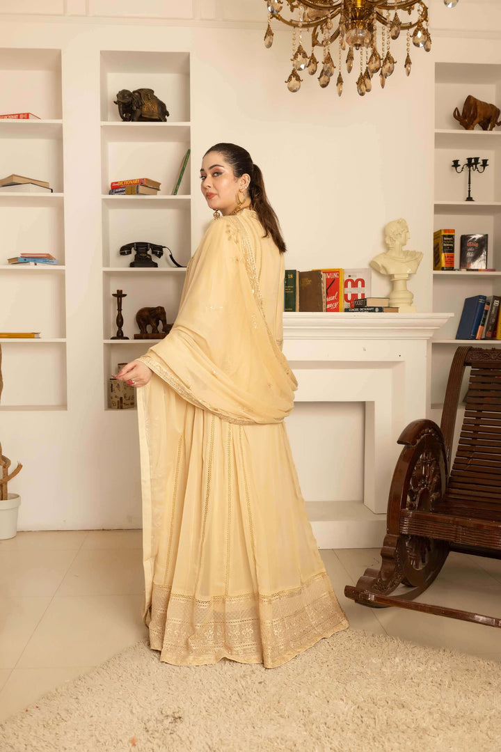 Back design of fawn chiffon Anarkali maxi dress for weddings and festive occasions