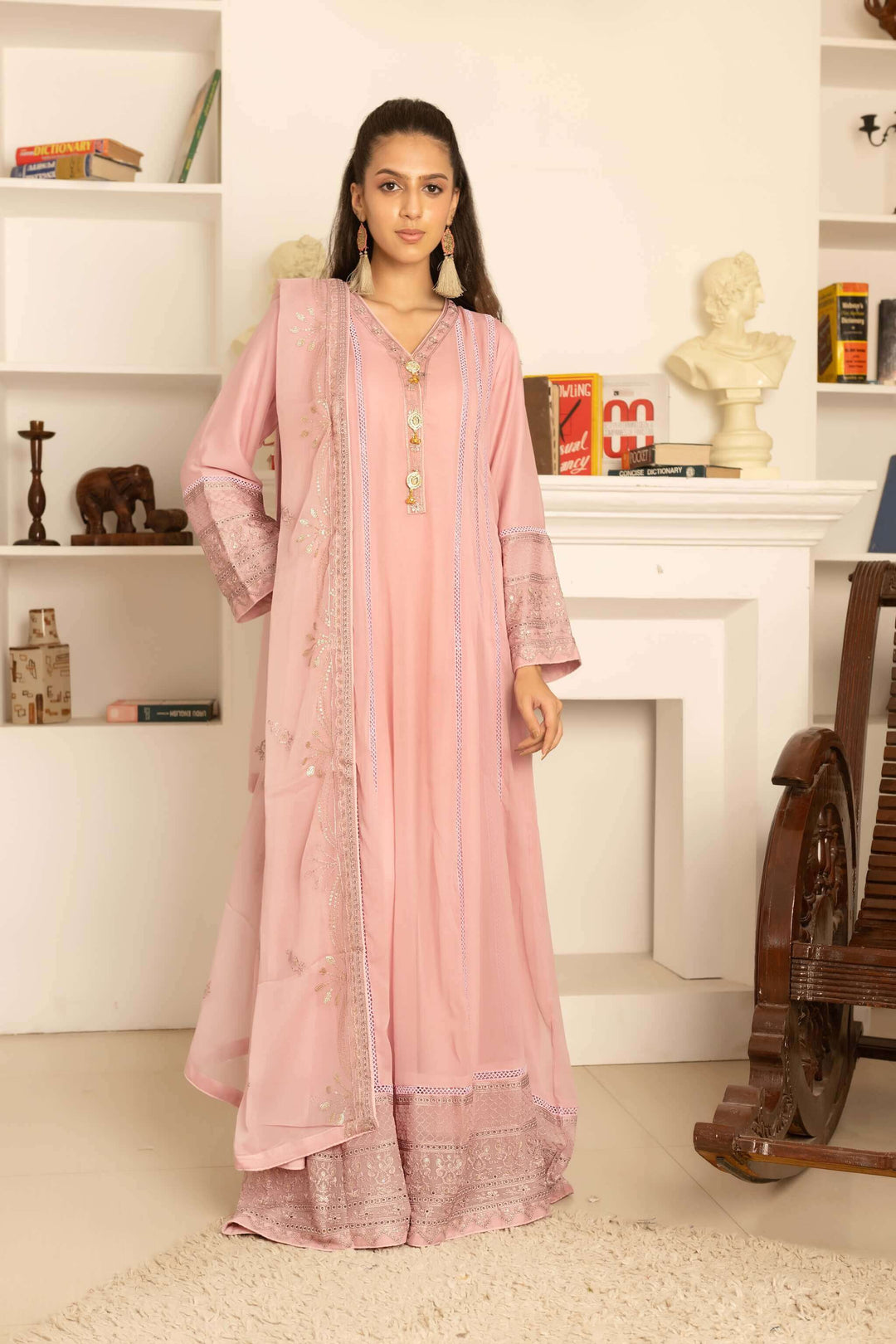 Front view of tea pink chiffon Anarkali maxi dress simple and sophisticated