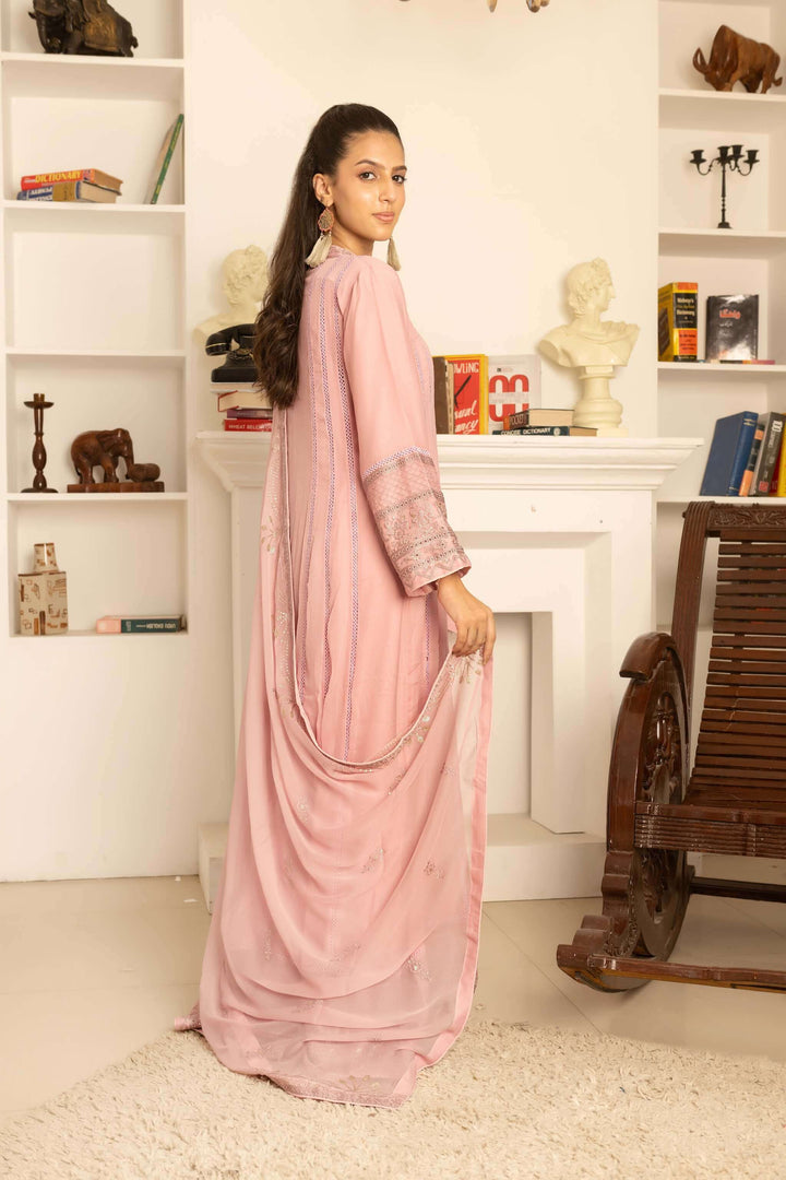Back design of tea pink chiffon Anarkali maxi dress for weddings and parties