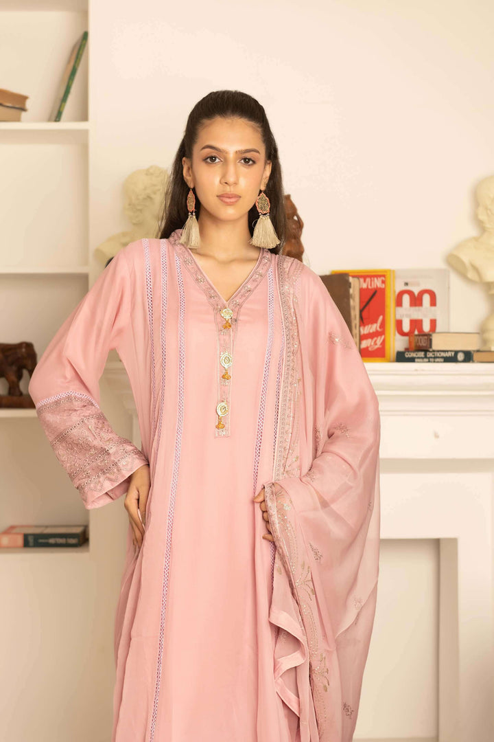Chiffon fabric detail of tea pink Anarkali maxi dress simple design