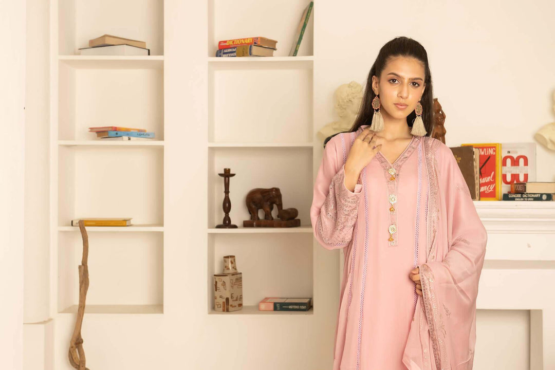 Chiffon fabric detail of tea pink Anarkali maxi dress simple design Side Angle