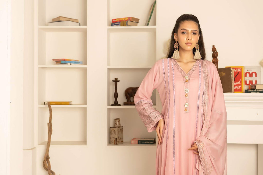 Chiffon fabric detail of tea pink Anarkali maxi dress simple design Front close