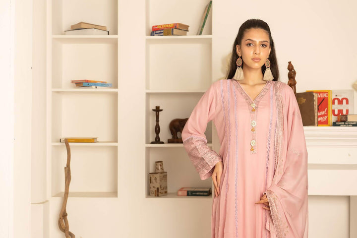 Chiffon fabric detail of tea pink Anarkali maxi dress simple design Front close