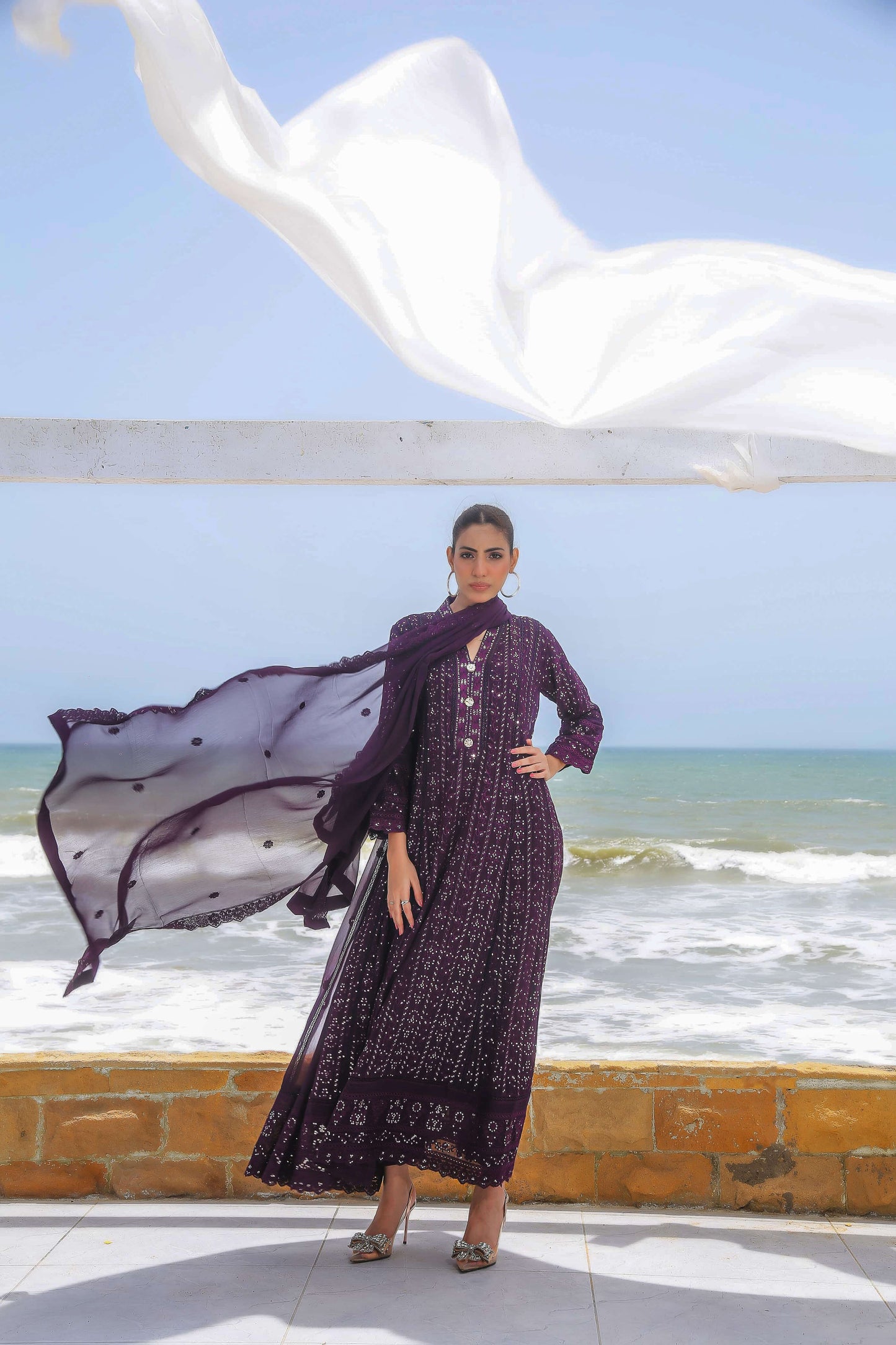 Dark purple embroidered maxi dress front view