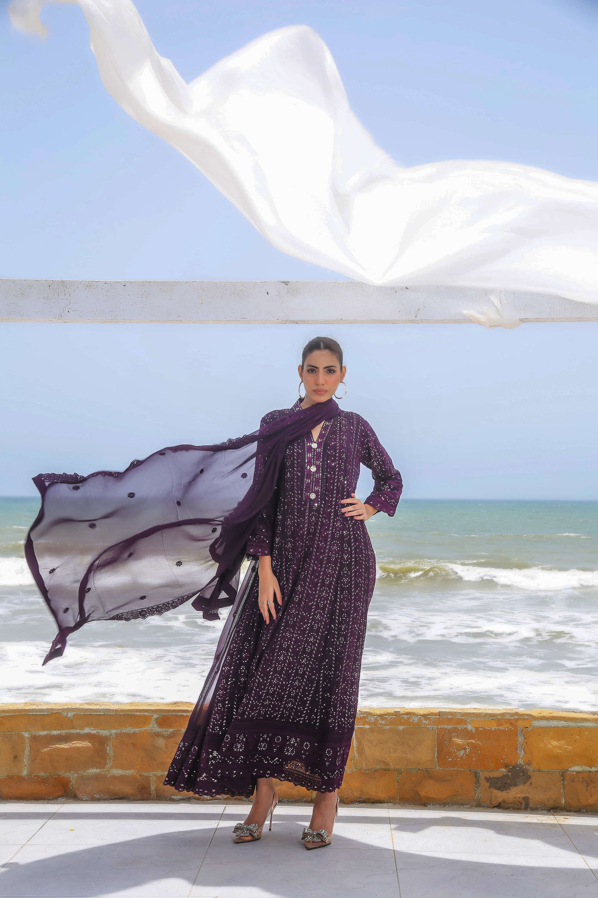 Dark purple embroidered maxi dress front view