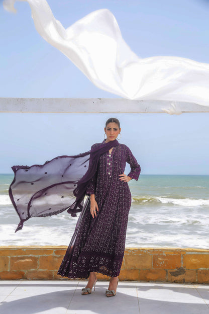 Dark purple embroidered maxi dress front view