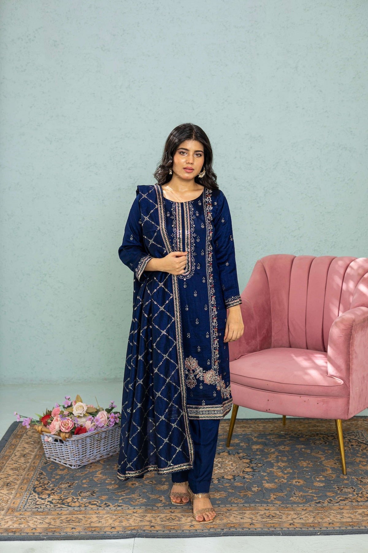 Dupatta styling over navy blue suit