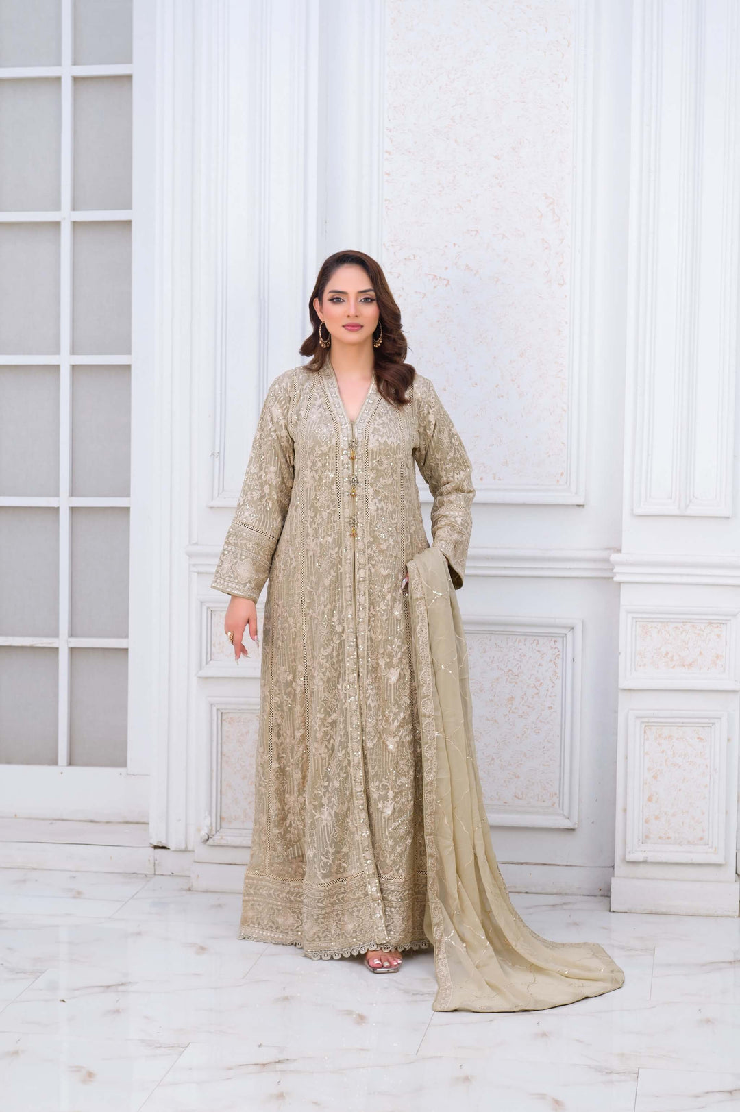 Fawn Chiffon Anarkali Front Open Gown Elegant Formal Wear Maxi Dress Fawn Chiffon Anarkali Front Open Gown Elegant Formal Wear Maxi Dress