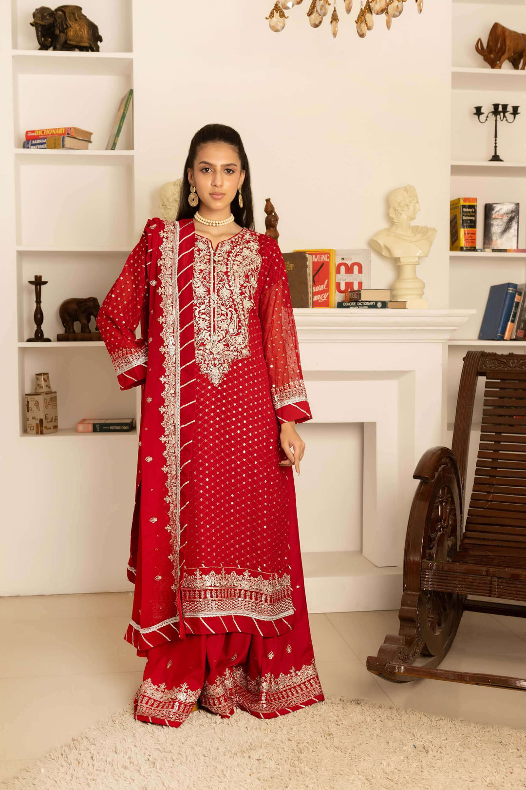 Front view of red lehenga with heavy embroidery for wedding wear