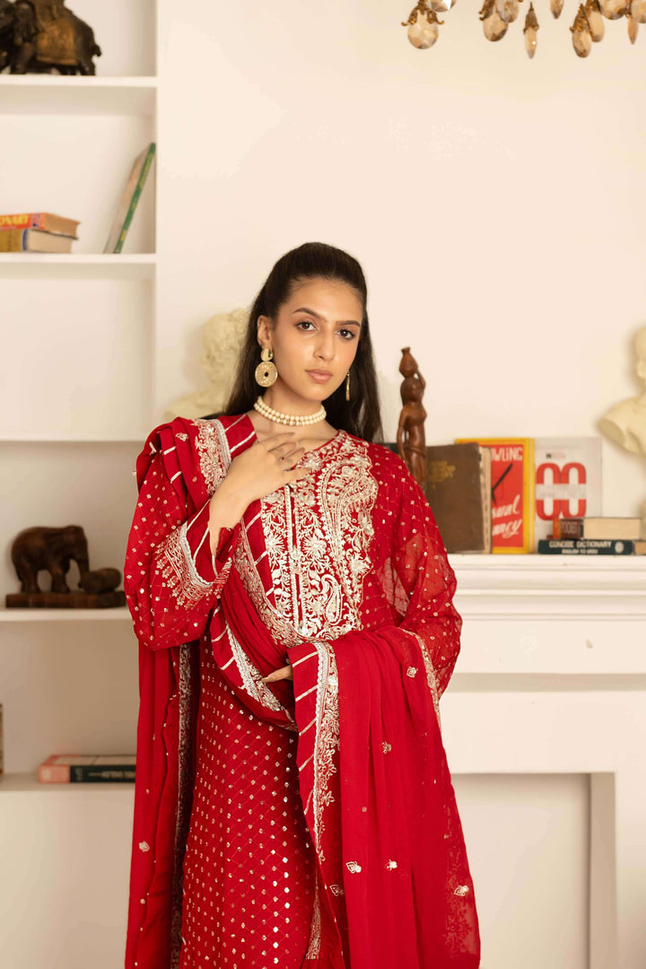 Embroidery detail on kameez and lehenga with dupatta border of red wedding lehenga