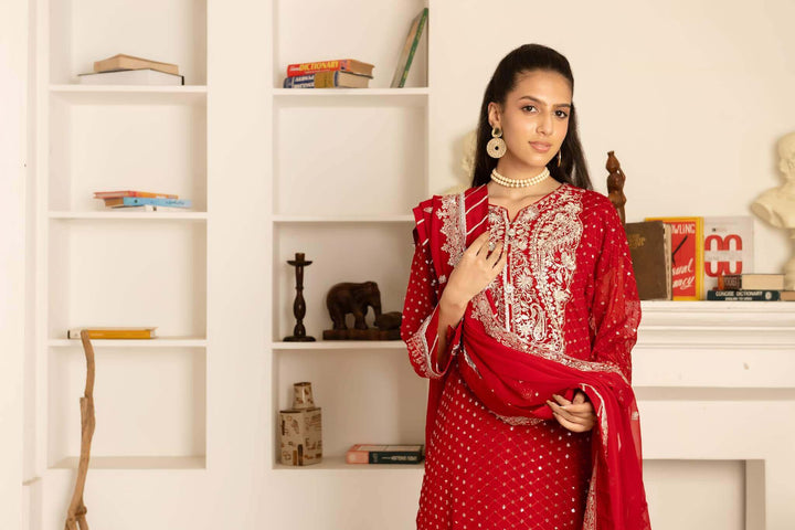 Embroidery detail on kameez and lehenga border of red wedding lehenga side angle