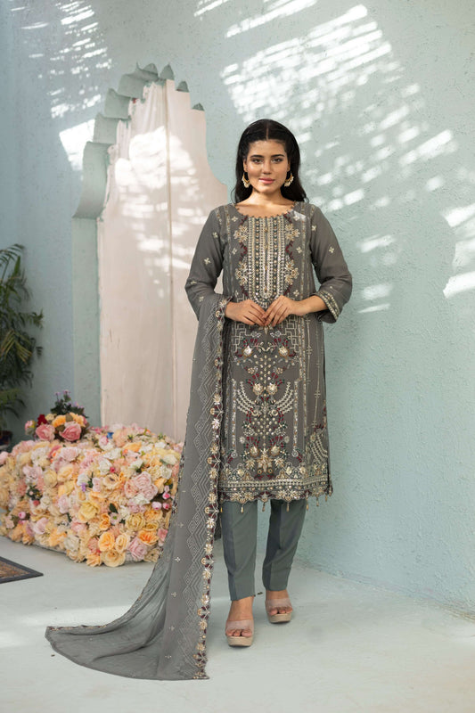 Woman in a gray embroidered chiffon shalwar kameez front picture