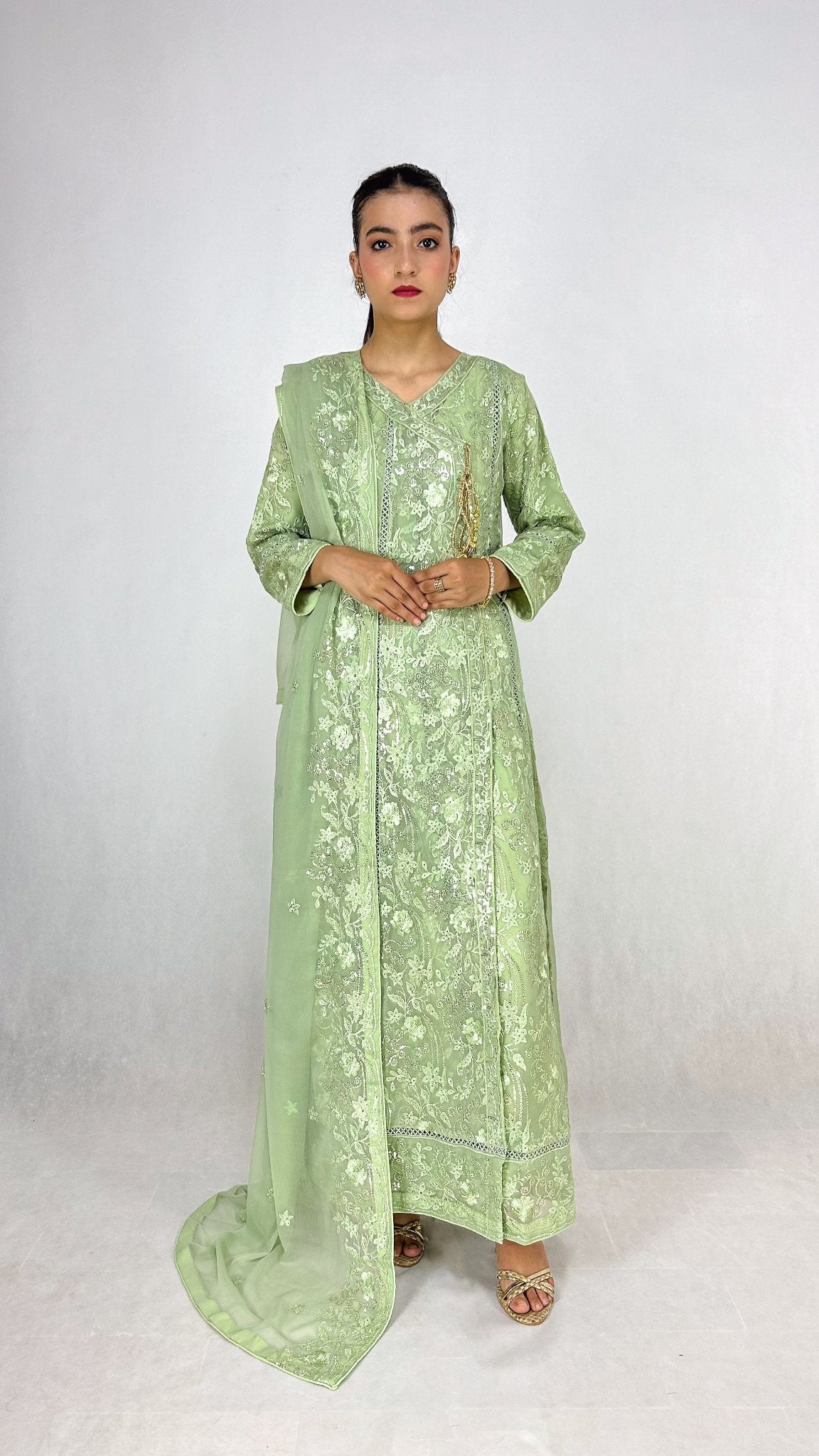 Light Olive Embroidered Angrakha Dress Chiffon Long Frock Maxi Complete Look