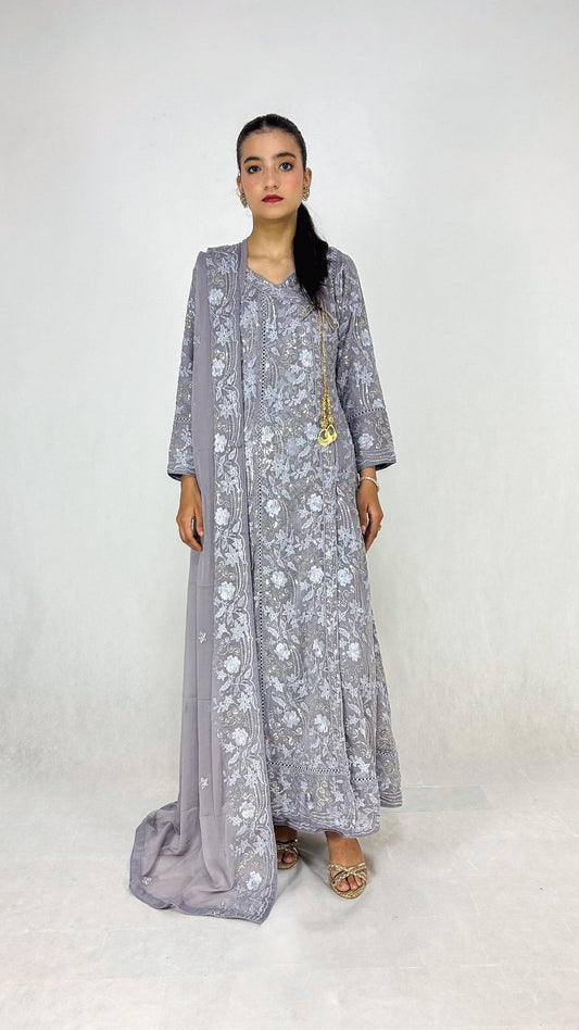 Gray Chiffon Angrakha Maxi Dress Embroidered Long Frock Complete Look