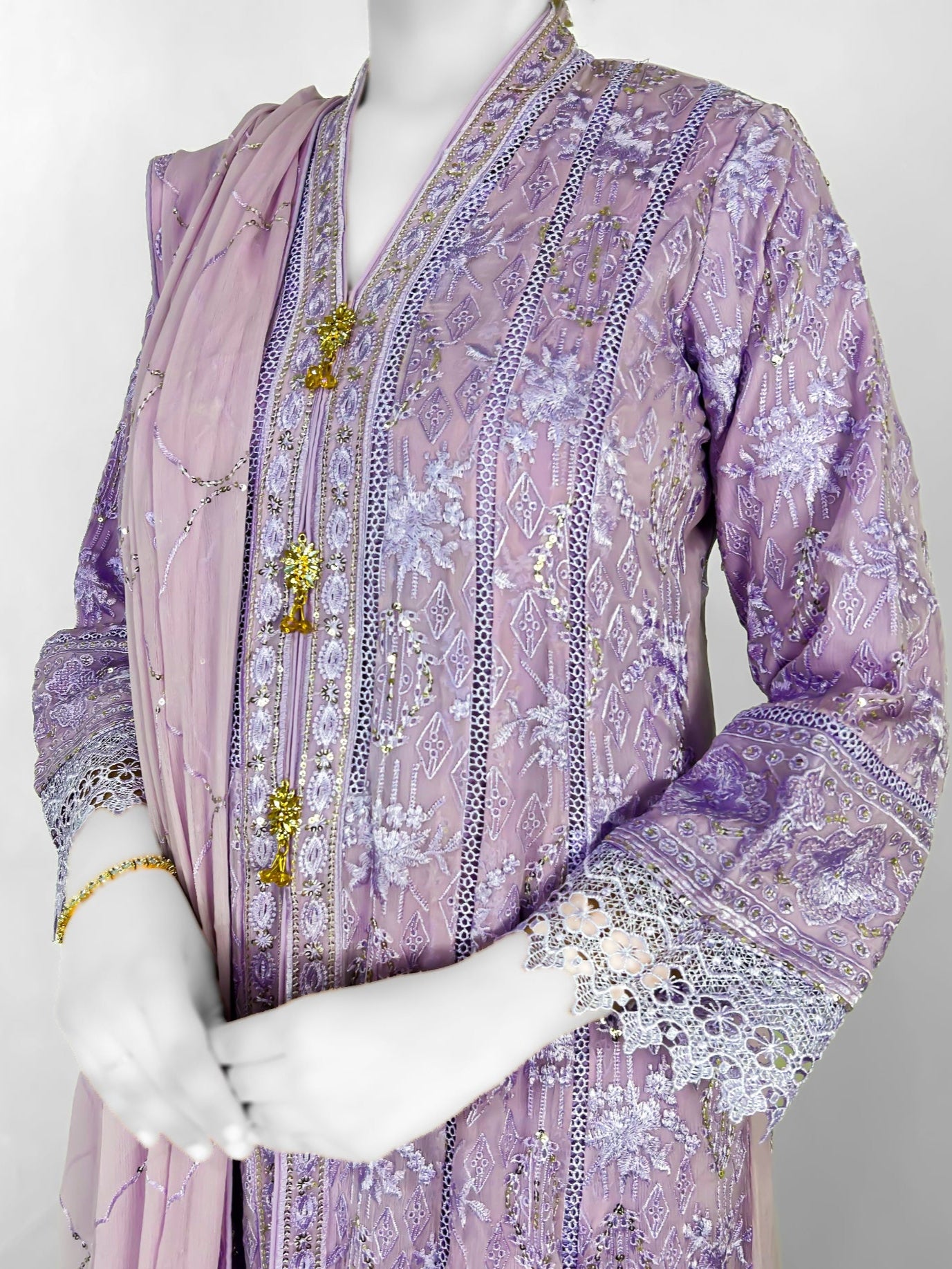 Lilac Front Open Pakistani Anarkali Maxi Dress Detailed Embroidery