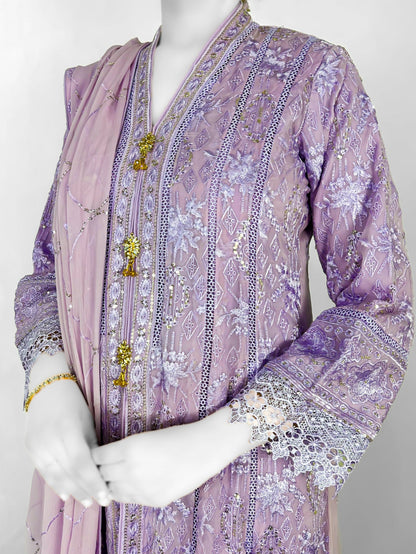 Lilac Front Open Pakistani Anarkali Maxi Dress Detailed Embroidery