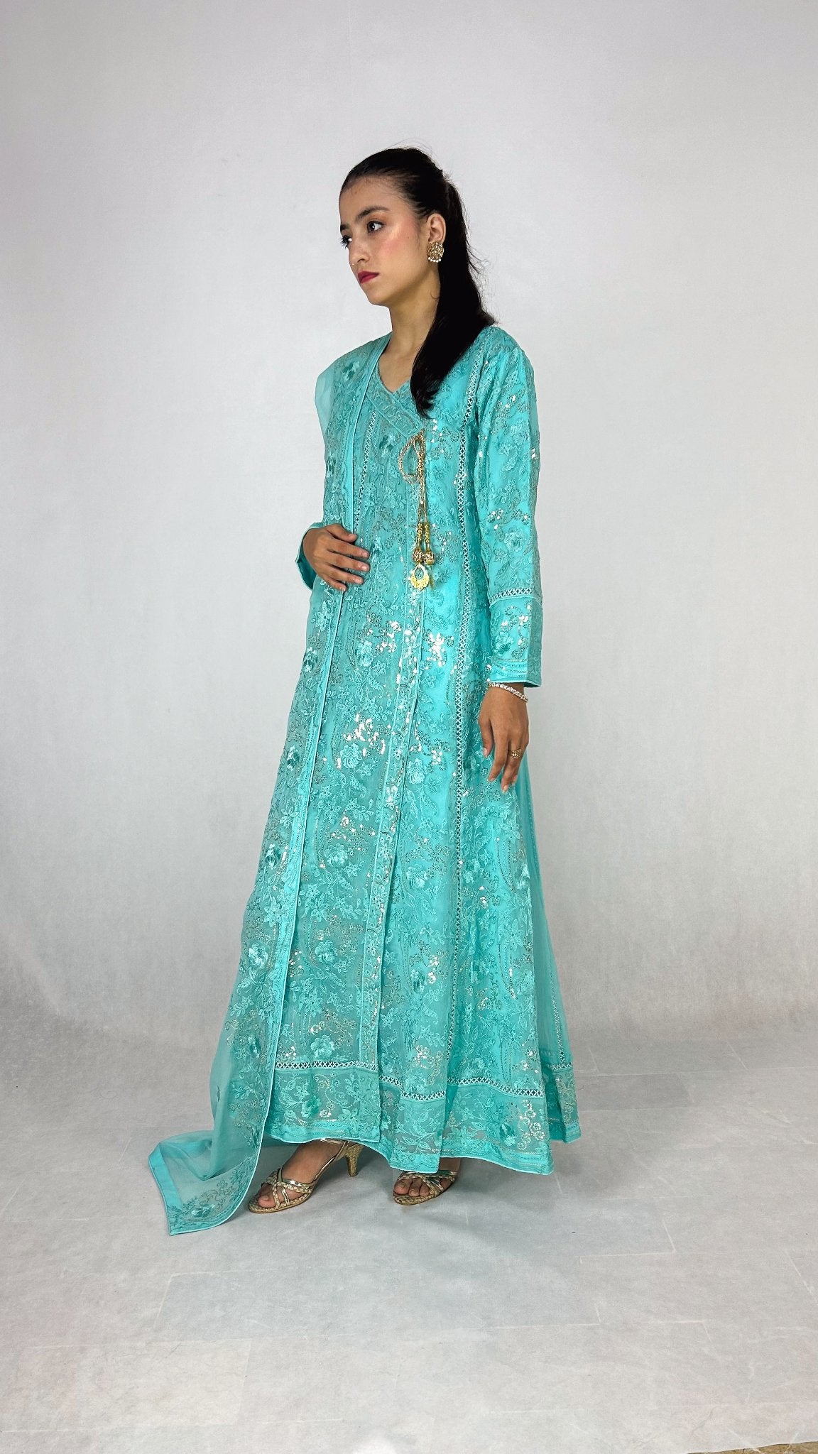 Light Blue Chiffon Angrakha Maxi Embroidered Long Frock Dress Side Look