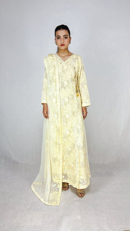 Ivory Embroidered Chiffon Angrakha Dress Long Frock Maxi Complete Look