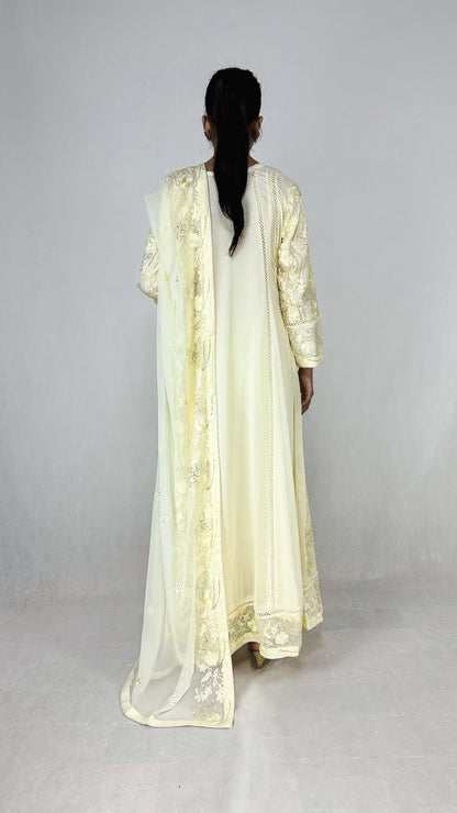 Ivory Embroidered Chiffon Angrakha Dress Long Frock Maxi Back Look