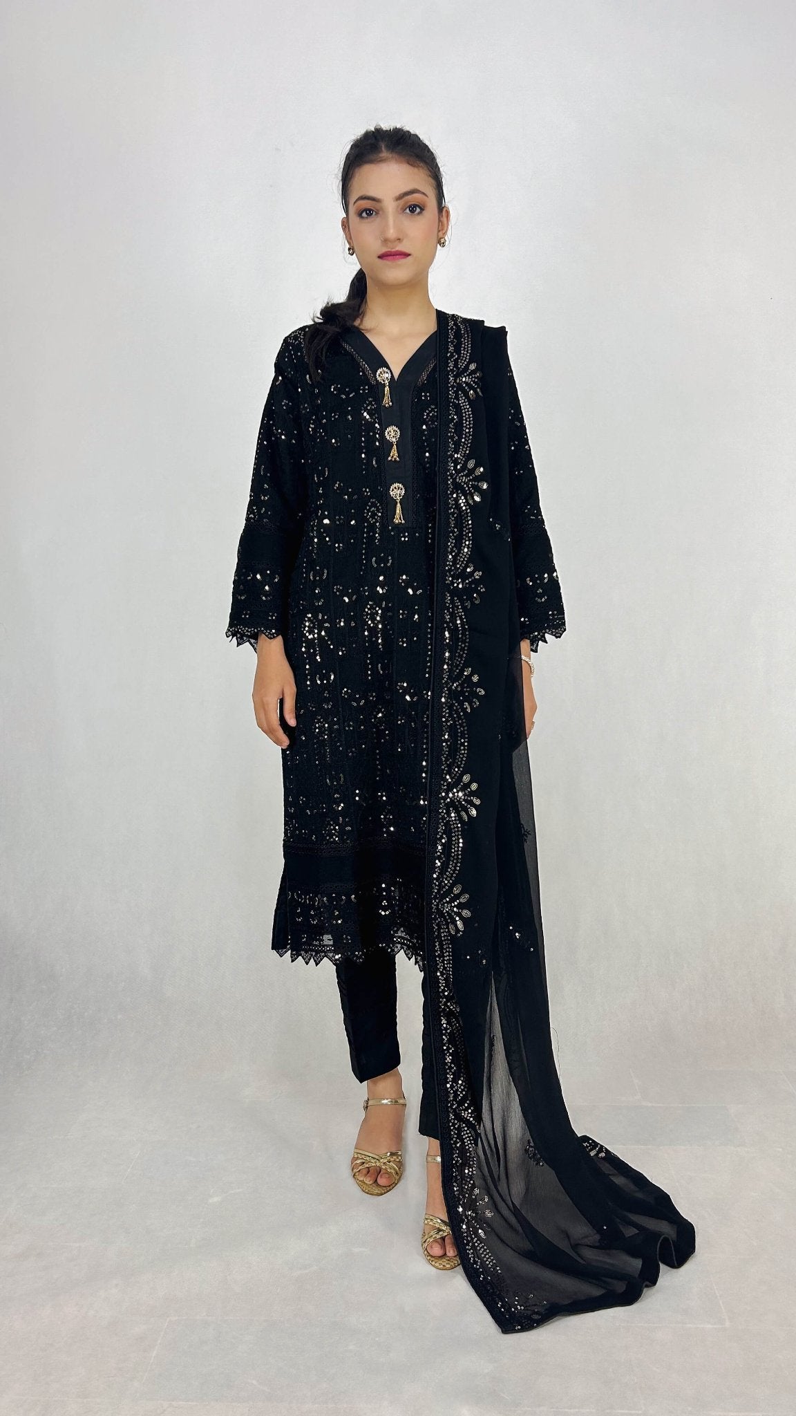 Black Embroidered Chiffon Shalwar Kameez Formal Wear Complete Look