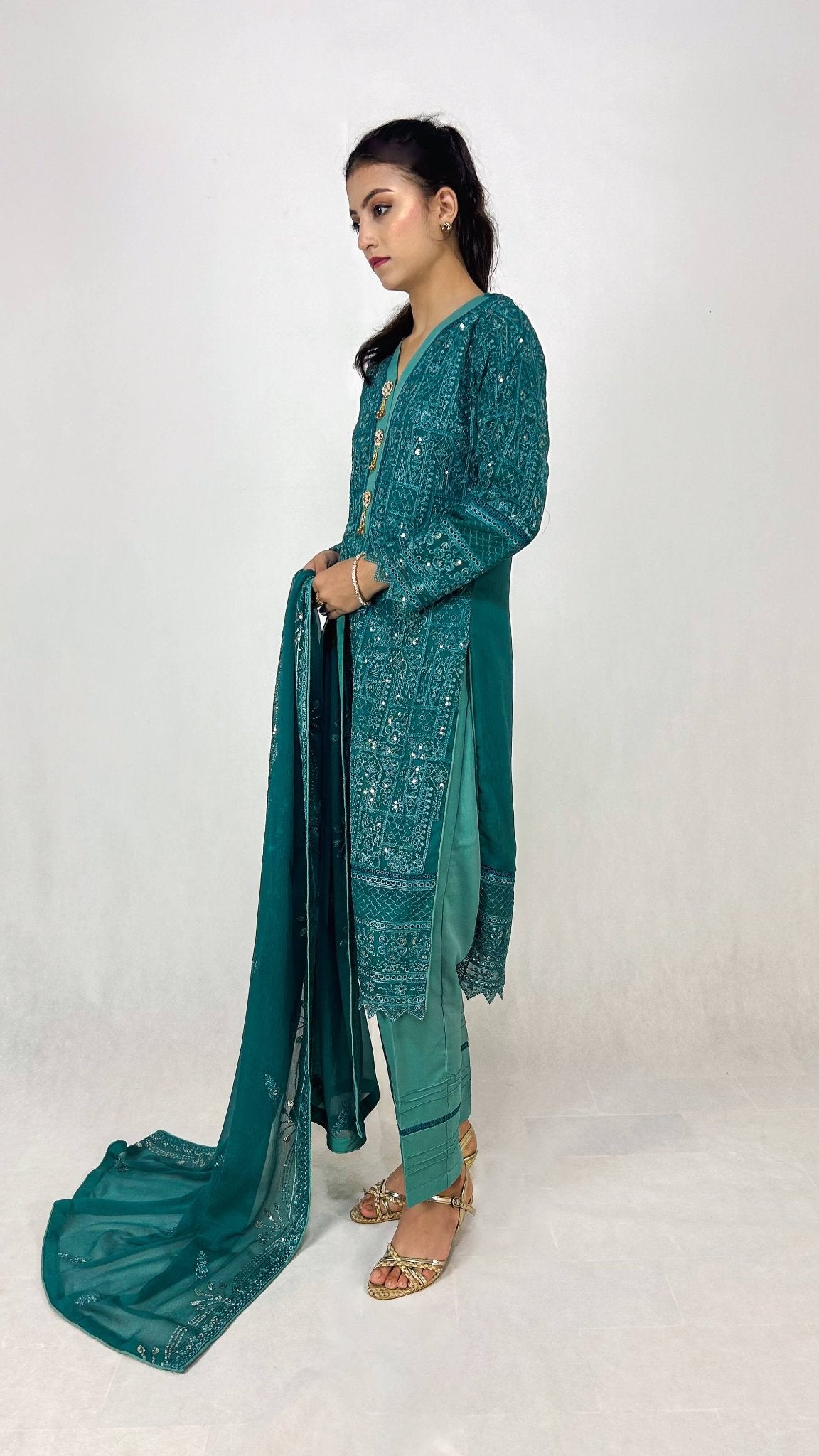 Teal Chiffon Shalwar Kameez Embroidered Ethnic Dress Side Look