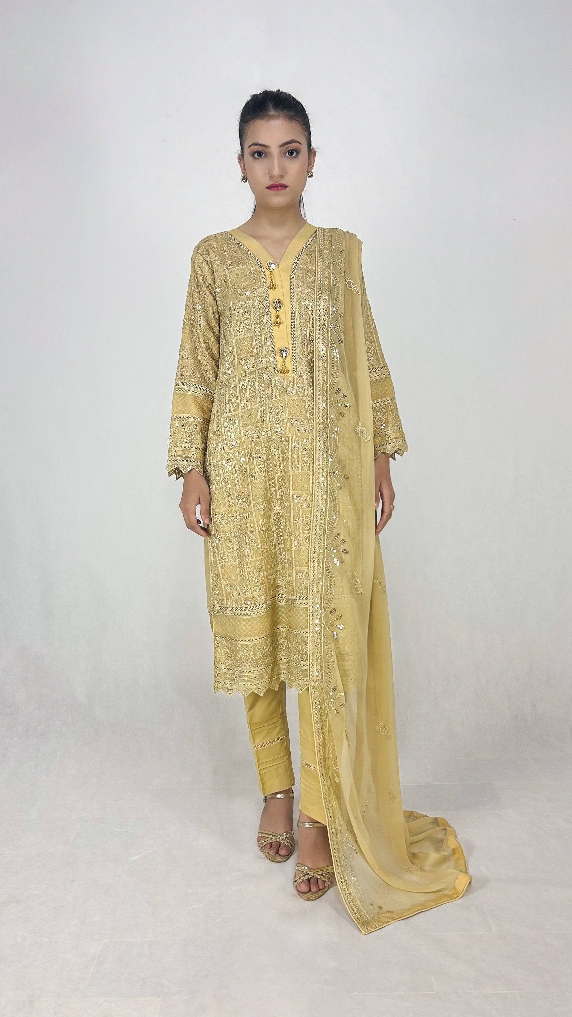 Beige Chiffon Shalwar Kameez Embroidered Elegant Design Complete Look