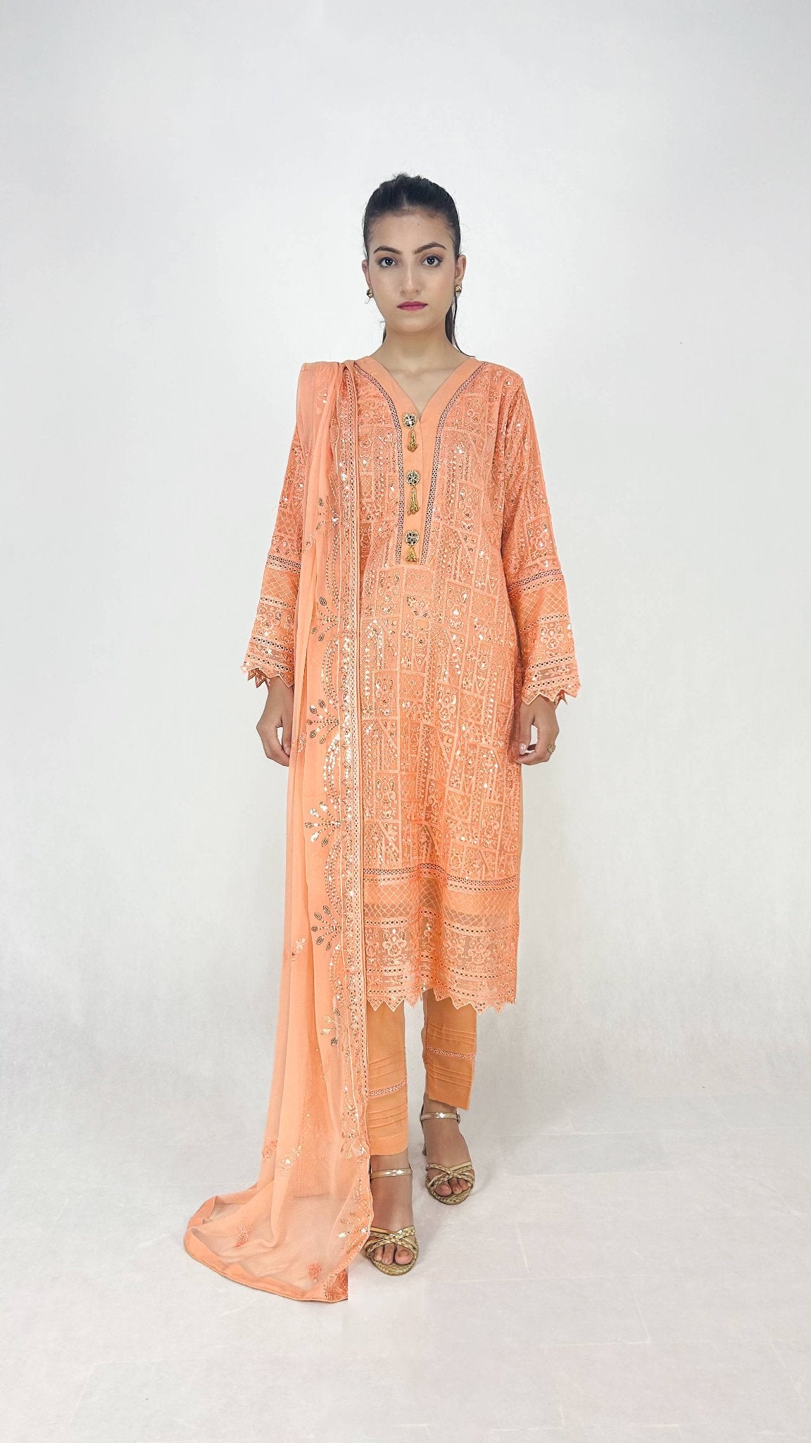 Peach Embroidered Chiffon Shalwar Kameez Formal Ethnic Wear Complete Look